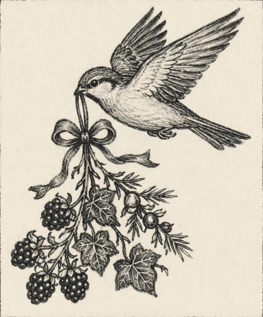 A sparrow carrying a hand-tied posey of blackberry bramble, juniper, and English ivy